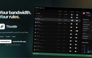 Throttlr's main dashboard shows live upload and download speeds for every app, with quick controls for throttling and blocking network traffic.