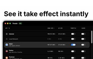 Bandwidth limits take effect instantly while the dashboard continues to display each app's current network activity in real time.