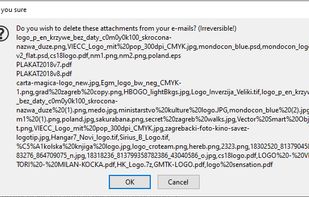 Dialog confirming deletion of attachments. It's a mess because I had a lot of weirdly named attachments.