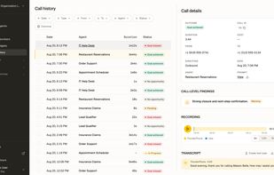 Every call is transcribed, graded, and searchable, with per-call latency and audio metrics.