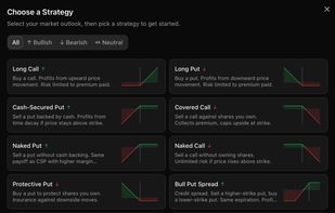 Pick from 30+ option strategies by market outlook — bullish, bearish, or neutral — each with its payoff diagram.