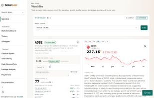 Track tickers side by side: valuation, growth, quality scores, and analyst accuracy in one view.