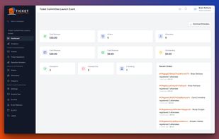 Real-time event dashboard showing revenue, attendance, check-ins, and orders.