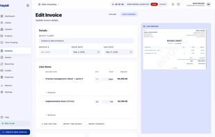 Invoice builder with line items, imported time entries and a live PDF preview