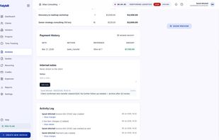 Invoice detail with payment history, private internal notes and a full activity log