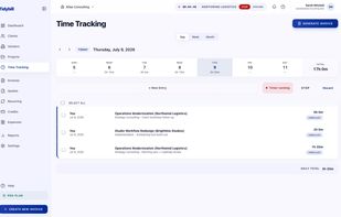 Time tracking day view with a running timer and entries by client and project