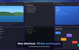 Six apps restored to their saved places with one shortcut. Apps that aren't open launch automatically.