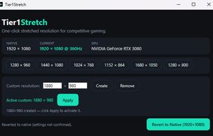 Main window — one-click tiles for competitive stretched resolutions with native-resolution revert always visible