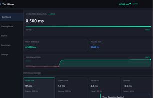 Dashboard with live timer resolution and one-click presets (0.5 ms active)