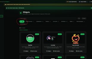 48 OBS browser-source widgets, sorted by what they do: Goals & Counters, Leaderboards, Podiums, Last Events, Gift Effects, Battles, Chat & Messages, Stream Setup. Each one has a live preview, a Configure button and "Add to canvas". Free and Premium filters.