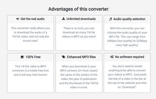 Screenshot n°1 of the homepage of tiktok-download-mp3.com, where you can see the advantages of this converter