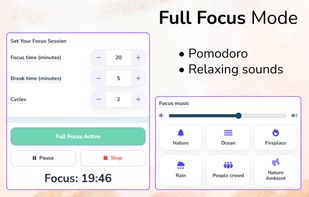 Full Focus Mode with Pomodoro enforcement Work in Pomodoro sessions with real blocking, breaks, and optional focus sounds.
