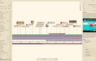 Example timeline with event thumbnails and a note in the right panel. Parchment v2 Theme.