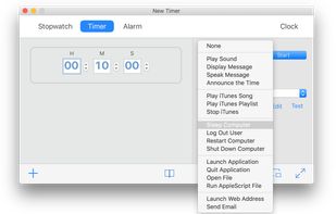 Programmable actions include play alarms with your favorite sound, display a message defined by you, speak a message, announce the time, and a lot of more actions available as Pro features as: play iTunes files or iTunes playlists and stop iTunes; sleep, restart, shut down the computer; launch and quit an application; open a file; run an AppleScript file script; launch a web address and send an email with custom text and optional tags as current local time, running processes (visible or invisible), current application log. The included default actions are: play alarms with your favorite sound, display a specific message, speak a specific message and announce the time.