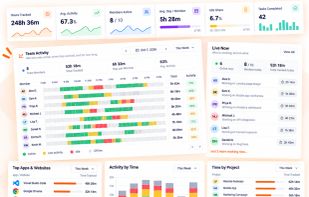 Team dashboard: hours, activity, who is working now and time by project