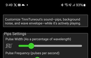 Wave Tab: Customize how sound flows with wave duration and gaps. Fine-tune using Pips (adjust volume, pulse rate, and width for tones from discrete pulses to continuous) and Narrow Band Noise (control background noise volume or mute).