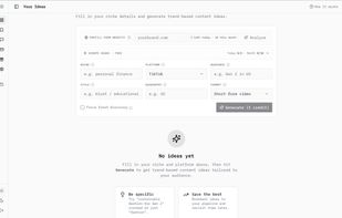 Ideas dashboard - Generate trend-based content ideas by entering your niche, platform, audience, style, geography, and format.