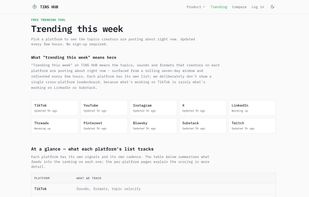 Trending this week - Browse platform-specific trending topics for TikTok, YouTube, Instagram, X, LinkedIn, Pinterest, Substack, Twitch, and more.