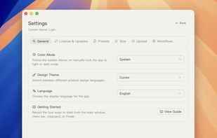 TinyOwl Settings (General tab): follow the system theme or lock the app to light/dark mode, switch the design theme, choose the display language, and revisit the four ways to get started — main window, menu bar, clipboard, or Finder.