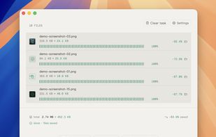 Batch compression results in TinyOwl. 10 files processed locally on your Mac — e.g. 316.5 KB → 24.1 KB (−92.4%). Total: 2.74 MB → 452.3 KB, saving 83.9%, with nothing uploaded to a server.