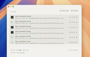 Compress and upload workflow in TinyOwl. 6 images compressed locally and uploaded straight to Cloudflare R2, with public links generated for each file. Total: 1.37 MB → 339.4 KB (−75.7%). One workflow from compress to upload — no third-party server in between.