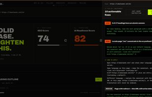 SEO Score / AI Readiness Score plus the Fix-All Cheatsheet of actionable fixes.