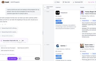 Example of the rich table of companies and contacts returned by a single chat in Tnuki