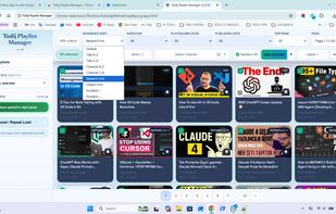 Todij Playlist Manager showing a powerful YouTube playlist dashboard with 446 loaded videos, multi-playlist selection, advanced sorting, filters, bulk selection, pagination, and video cards for fast playlist navigation and management.