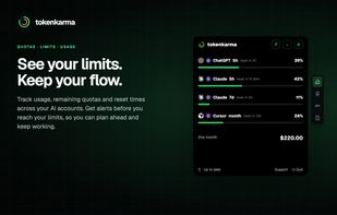 tokenkarma: track AI quotas, usage and reset times, with alerts before reaching your limits.