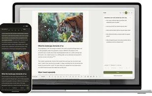Tolstoy Compose running on desktop and mobile, with a long-form document open beside the Shelf for notes and research. The same writing workspace adapts across devices while keeping supporting material close to the writing.