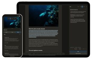 Tolstoy Compose in dark mode across desktop and mobile, showing the writing workspace together with Shelf notes and Review feedback. The interface keeps writing and the tools around it together while adapting to different devices.