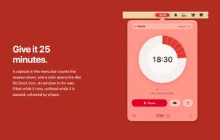 The capsule in the menu bar counts the session down, and a click opens the dial.