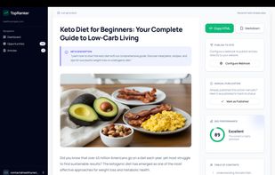 Full article preview with SEO score, meta description, and internal links.