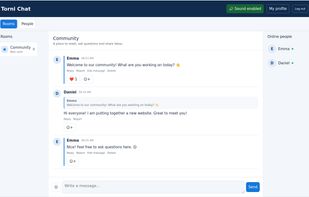 Torni Chat Free desktop interface with a public chat room, quoted replies, emoji reactions and online members.