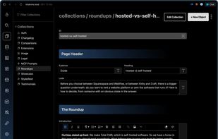 Editing content in Total CMS: forms are generated from each collection's schema, with rich text, meta fields, and read-only fields where the schema sets them.
