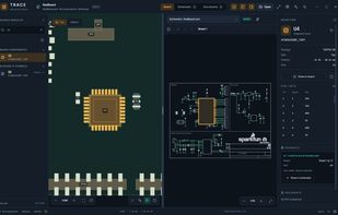 TRACE 1.2.0: EAGLE board and schematic with the same component selected. RedBoard by SparkFun (CC BY-SA 4.0). This workflow is also available in 1.3.3.