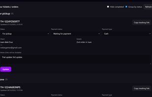 Give your clients a link where they can track their orders. No login needed for them. 