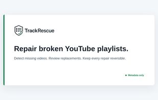 TrackRescue overview with scheduled monitoring, playlist history, exports, and recovery tools.