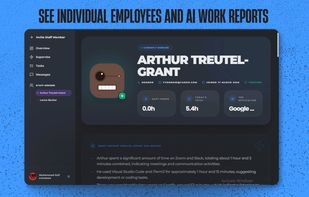 Traconomics individual employee view with AI work reports for Arthur Treutel-Grant. Detailed performance summary showing shift hours, top applications like Visual Studio Code and Slack, and AI-generated insights into meeting time and coding tasks.