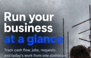 The dashboard shows cash flow, scheduled jobs and payment requests at a glance
