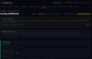 Daily journal: intentions, planned setups, pre-market plan and an evening review, all searchable.