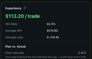 Expectancy and Plan-vs-Actual grading — per-trade expectancy, win rate, and average win/loss, plus how your execution measured against your plan: max-loss discipline, targets hit, and stops that fired too tight.