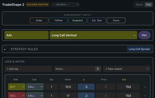 Screenshot extraction — paste a broker order ticket or chart and TradeShaper pulls the legs, strikes, deltas, expirations, and net price automatically. No retyping, and it flags fills paying over the mid.