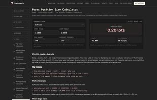 Forex position size calculator: risking 100 USD on EUR/USD with a 50 pip stop (entry 1.1000, stop 1.0950) gives 0.20 lots, 20,000 units, converted to the account currency.