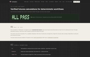 Live verification page: the 12 core calculators are run against 42 exact test vectors on every request (ALL PASS, 42 of 42), with the formula assumptions listed below.