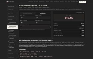 Black-Scholes option calculator: the textbook case (spot 100, strike 100, 5% rate, 20% volatility, 1 year) prices a call at 10.45 and a put at 5.57, with delta 0.6368 and the other Greeks.