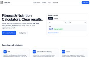 TrainCalc homepage showing modern interface with fitness calculators and clean layout.