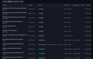 One employee's full training history with course versions (sample data)