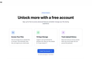 Free account features including 15-day file storage, upload history, download tracking, and easy file management from a personal dashboard.