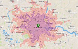 Mapping travel time areas in London